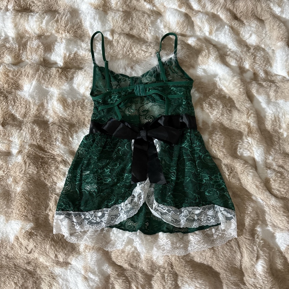 Green Lace Lingerie with Black Bow